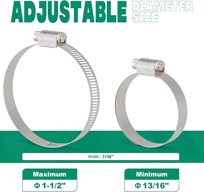OURU 10PCS Hose Clamps Stainless Steel Adjustable 13/16"– 1-1/2"(21-38mm) Worm Gear Hose Clamp, Heavy Duty Metal Small Hose Clamps for Automotive, Pipe, Radiator Plumbing, Fuel Line