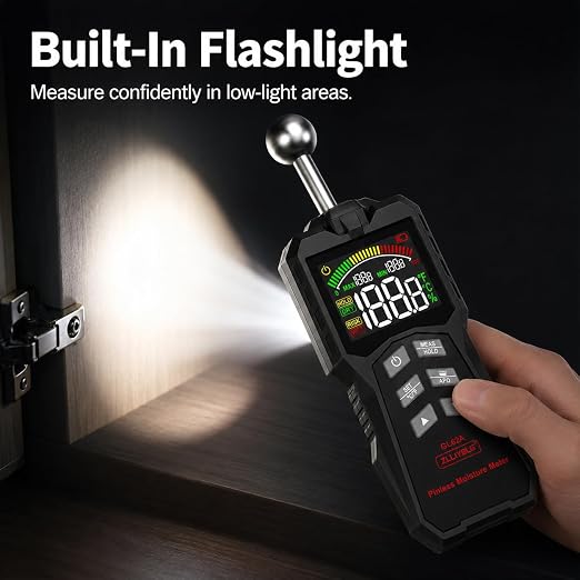 GL62A Pinless Moisture Meter, Spherical Induction Detector for Wood Walls Concrete, Non-Destructive Moisture Tester with LED Light, 0-100% Range, 5-40mm Depth