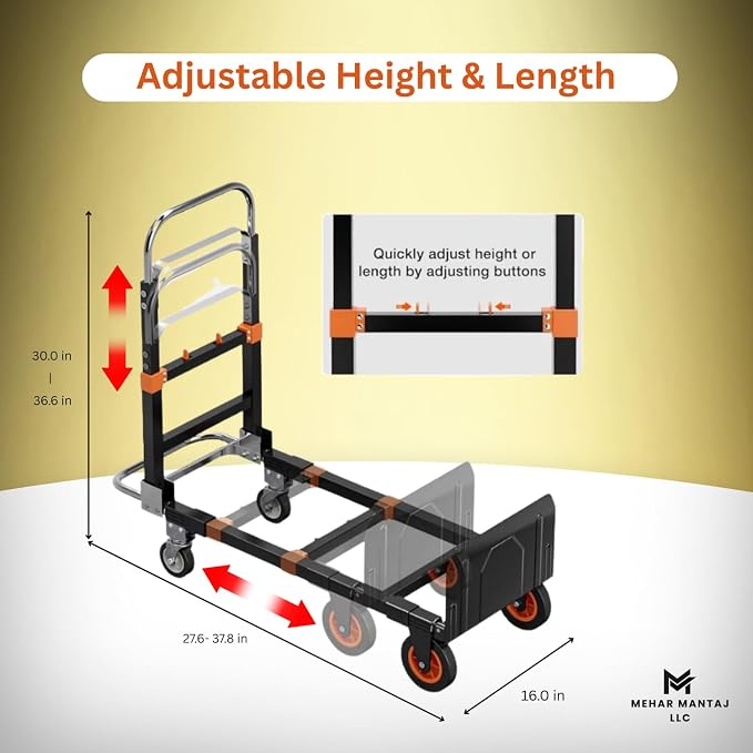 Folding Hand Truck 500lbs Capacity – Heavy Duty Alloy Steel Utility Cart with Adjustable Handle & Foldable Platform – Portable Moving Dolly with Smooth Wheels for Warehouse, Office, Home & Travel Use