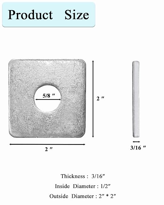 20-Pack 5/8” Hot-Dipped Galvanized Steel Square Washers, Flat Pad Spacer for Square Nut Fasteners, 5/8” ID x 2” Square x 0.18” Thick