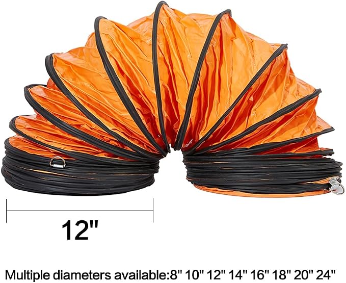 PVC Flexible Duct Hose, HVAC Duct Hosing Flame Retardant for Ventilator Utility Blower Fan with Adjustable Rope and D-Ring, Easy Storage (12inx16ft)