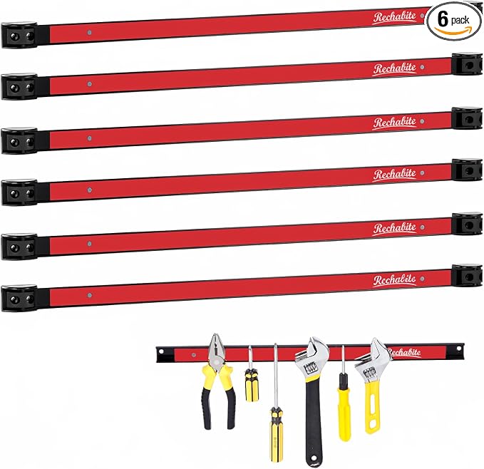 6 Pieces 24" Magnetic Tool Holder Strip, Red Magnet Bar, Metal Tool Organizer Rack for Garage Organization, Easy To Install in Workshop, Mounting Screws Included