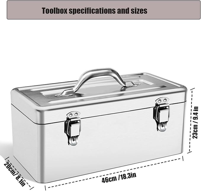 18" Metal ToolBox,Stainless Steel Tool Box,Heavy Duty Portable Tool Box,2 Layer with Carrying Handle metal locking latches make and Removable Tray,for Garage Workshop (Silver)