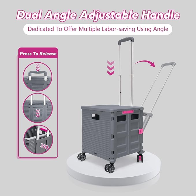 Foldable Utility Cart Rolling Crate Handcart Shopping Cart with Rotate Wheels Extended Magnetic Lid Telescoping Handle Adjustable Angle for Transports Groceries Office Teacher File(Gray)