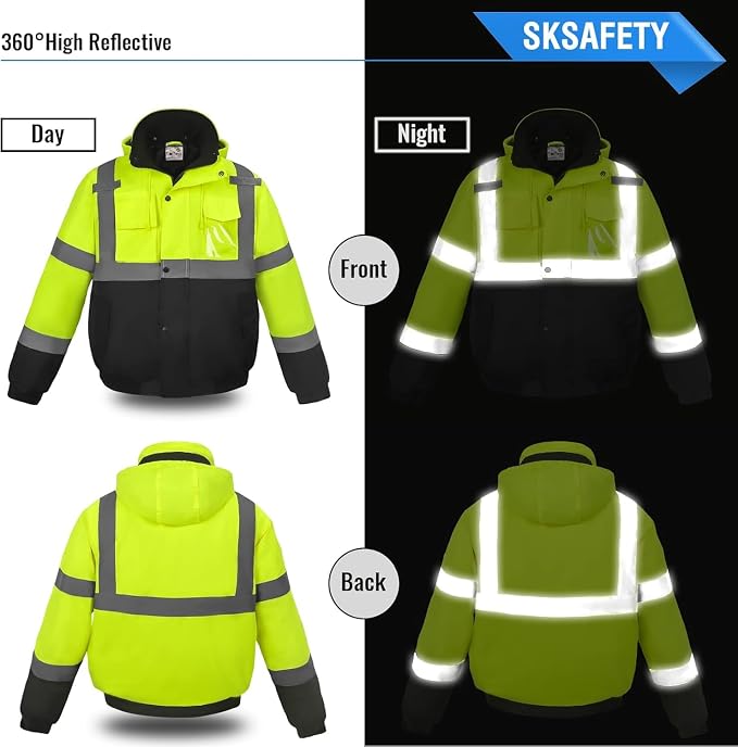 SKSAFETY High Visibility Reflective Jackets for Men, Waterproof Class 3 Safety Jacket with Pockets, Hi Vis Yellow Coats with Black Bottom, Mens Work Construction Coats for Cold Weather, S, 1 Pack