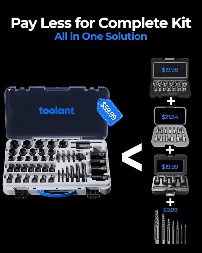 toolant 46pcs Impact Bolt Extractor Kit, Bolt & Nut Remover Socket Tool Kit, Stripped Bolt Extractor for Damaged Screws and Bolts