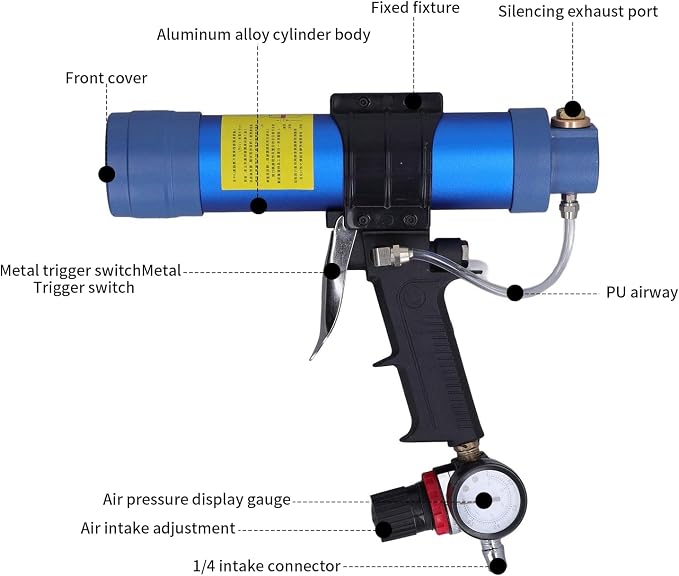 Sausage Silicone Caulking Glue Gun,310ml 1/4in Pneumatic Glass Glue Gun With Pressure Gauge Silicone Gun Pneumatic Sausage Caulking Gun Glass Glue Sealant Gun