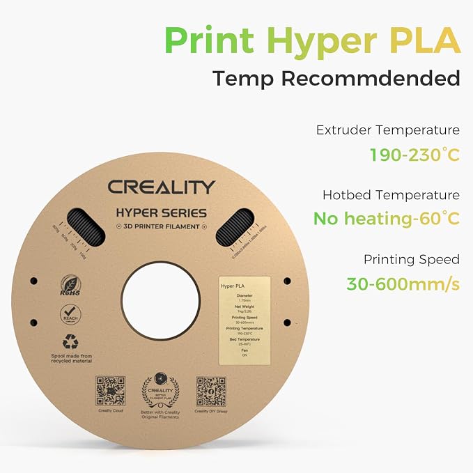Creality Hyper PLA Filament 2KG, Up to 600mm/s High Speed 3D Printer Filament PLA 1.75mm, No-Tangling Stronger Toughness Fit Most 3D Printers