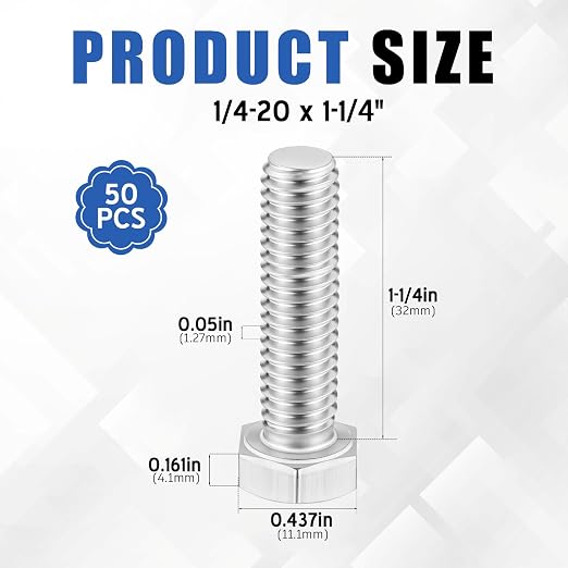 Zonon 50 Pcs 1/4-20 x 1-1/4" Hex Head Screw Bolt 18-8 (304) Stainless Steel Hexagon Bolts, Fully Threaded, Plain Finish, External Hex Drive (Silver)