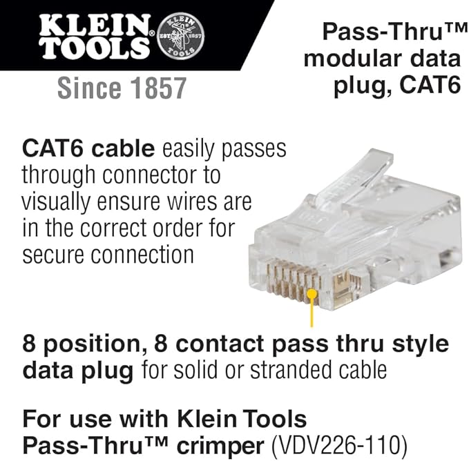 Klein Tools 80072 RJ45 Cable Tester Kit with LAN Scout Jr. 2, Coax Crimper / Stripper / Cutter Tool and 50-Pack Pass-Thru Modular Data Plugs