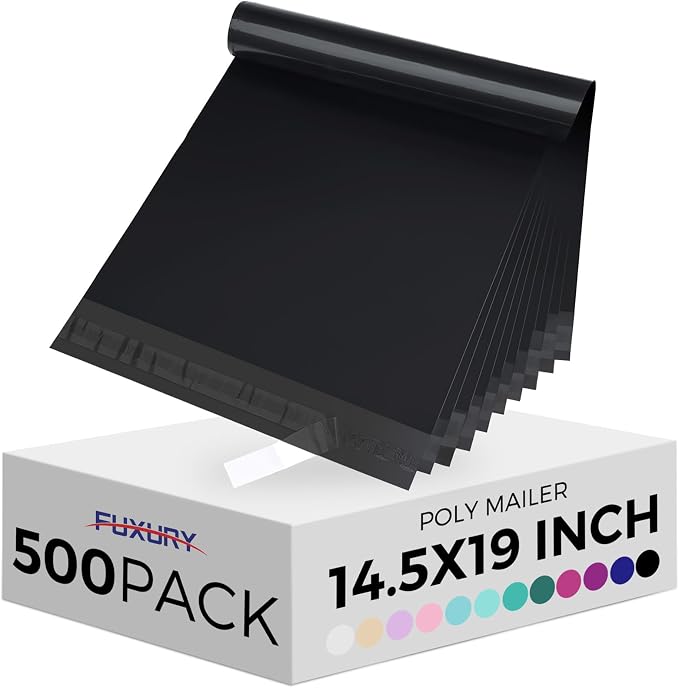 Fuxury 500 Pcs Poly Mailers 14.5x19 Inch, Bulk Shipping Bags for Clothing, Strong Adhesive Shipping Envelopes for Small Business Suppliers,Waterproof Mailers Poly Bags Mailing Envelopes Black