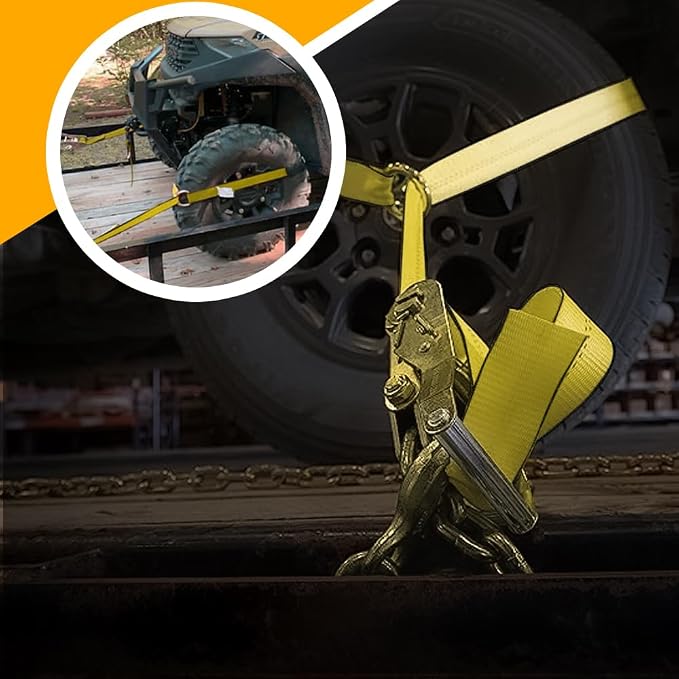 Heavy Duty Car Tie Down Straps (4PK) - 2" x 96" - 3,300 lbs Safe Working Load - Wheel Straps Comes with 5/16" Tow Hooks (Yellow)