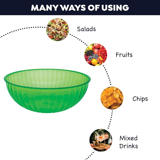 Party Essentials Hard Plastic 192 OZ./6 QT/1.5 Gallon Large Serving Bowls For Punch/Salad/Snack/Treat/Fruit, 3-Count, Neon Green