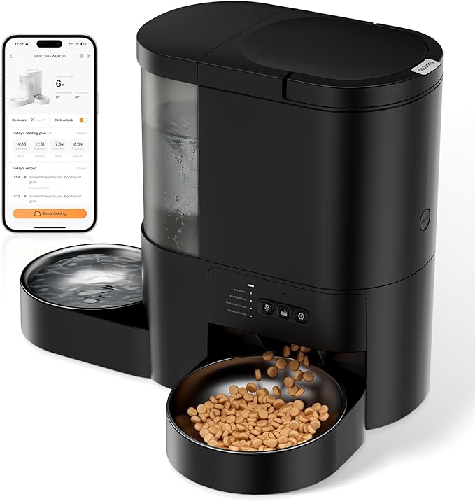 Automatic Cat Feeder and Water, 5G WiFi Cat Dry Food Dispenser, App Remote Control 4L Timed Pet Feeder and 3L Gravity Waterer, Voice Recording, Up to 10 Meal Daily with Dual Bowl for Cats, Small Dog