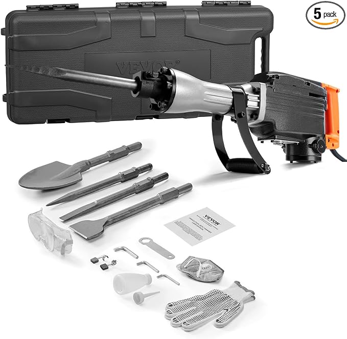 VEVOR Demolition Jack Hammer 2200W Electric Jackhammer Concrete Breaker | For Concrete Demolition, 1350 BPM, 360° Rotary Handle, Heavy Duty, Portable, with 4pcs Chisels Bit and Storage Case, Black