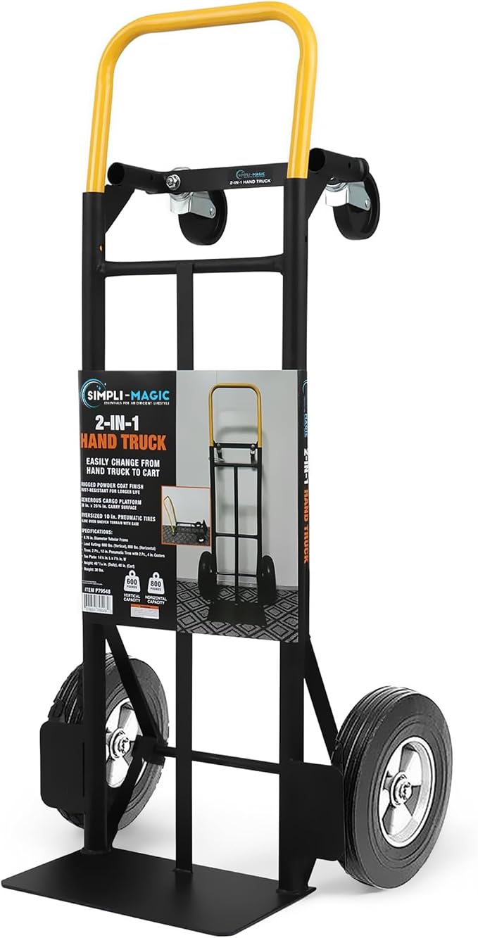 Simpli-Magic 2 in 1 Convertible Hand Truck and Dolly, 800LBS – Heavy-Duty Moving Dolly Cart with 10" Flat Free Rubber Wheels & Handle