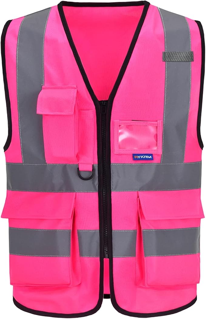 A-SAFETY Reflective Construction Vest, Reflective Strips, Zipper, Pink, XL | Pink XL work vest with clear ID pocket, radio mic loop and reflective strips for community activities; for men and women.