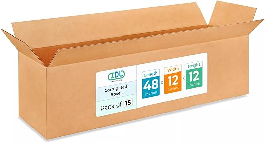 Extra Large Shipping & Moving Boxes 48"L x 12"W x 12"H (15-Pack) - Extra Strength 200 lb vs Regular - USA-Made Corrugated Cardboard Boxes for UPS Shipping - Strong Shipping Box by IDL Packaging