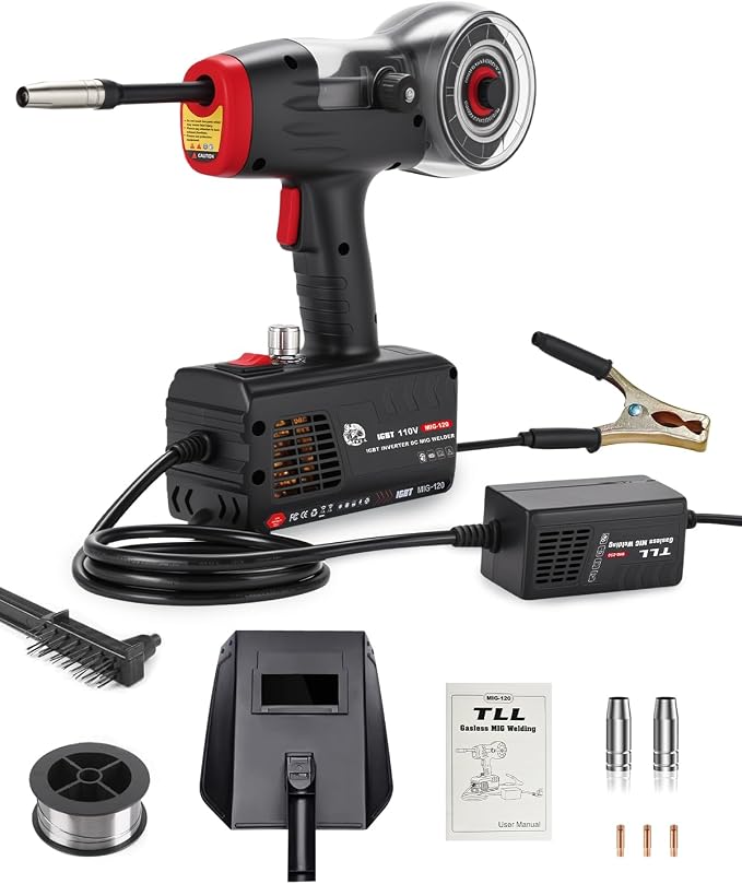 TLL Portable MIG Welder Handheld 120A 110V, Hand Held Welder Gun, Gasless Flux Core Welding Machine, Handheld IGBT Inverter for DIY, Professional Repair Use (TLL-MIG120)