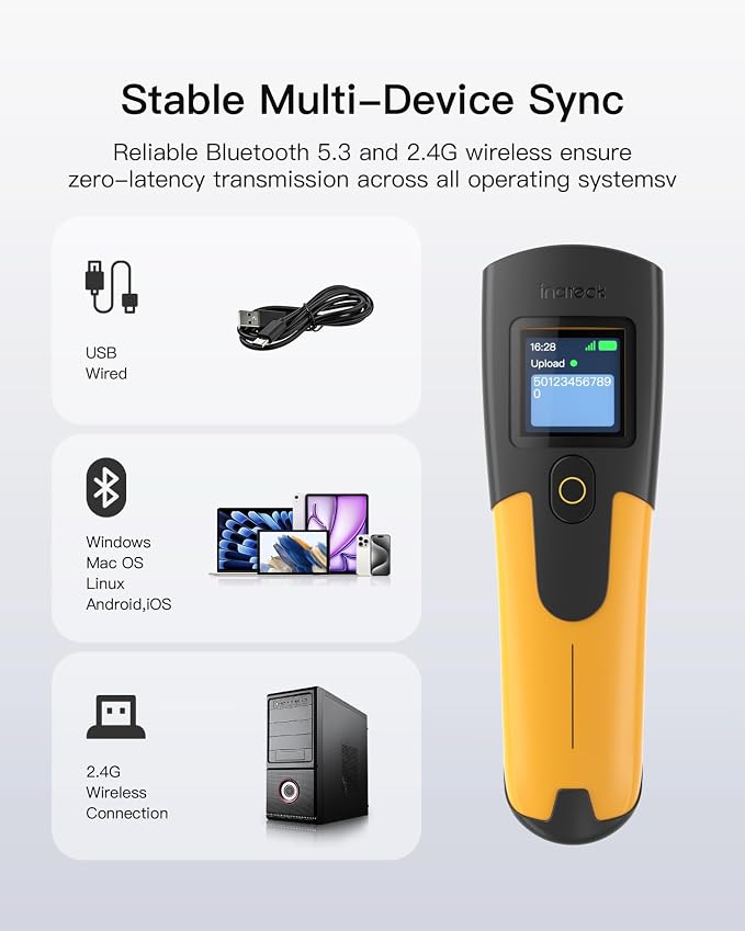 Inateck 2D Wireless Barcode Scanner with 1.4" TFT Screen, Portable Bluetooth Barcode Reader, 2600mAh Battery, Fast Linear Code Scanning for Inventory, Library, Warehouse, Nano 260D