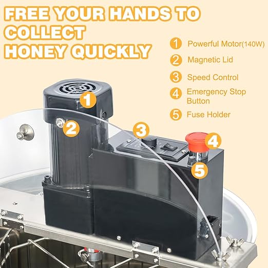 BeeCastle 3 Frame Electric Honey Extractor Stainless Steel Honey Processing Equipment, Powered Honeycomb Drum Spinner with Transparent Lid and Height Adjustable Stand