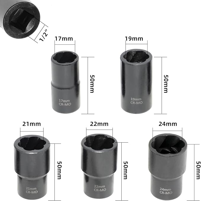 DPTOOL Lug Nut Remover Socket Set, Wheel Locking Stripped Nut Extractor Old Rusted Damaged Emergency Bolt Remove Twist Socket 17mm 19mm 21mm 22mm 24mm