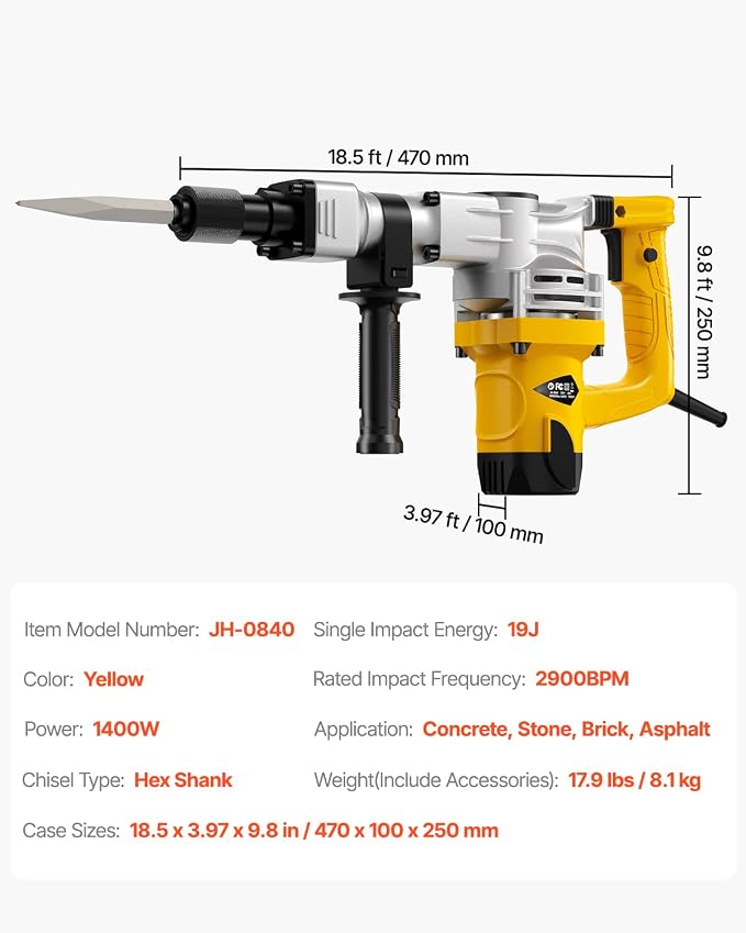 VEVOR Demolition Jack Hammer, 1400W Electric Jackhammer Heavy Duty, 2900 BPM Jack Hammer Concrete Breaker, with 1 Point Chisel, 1 Flat Chisel, Storage Case, Gloves and Goggles, for Demolition