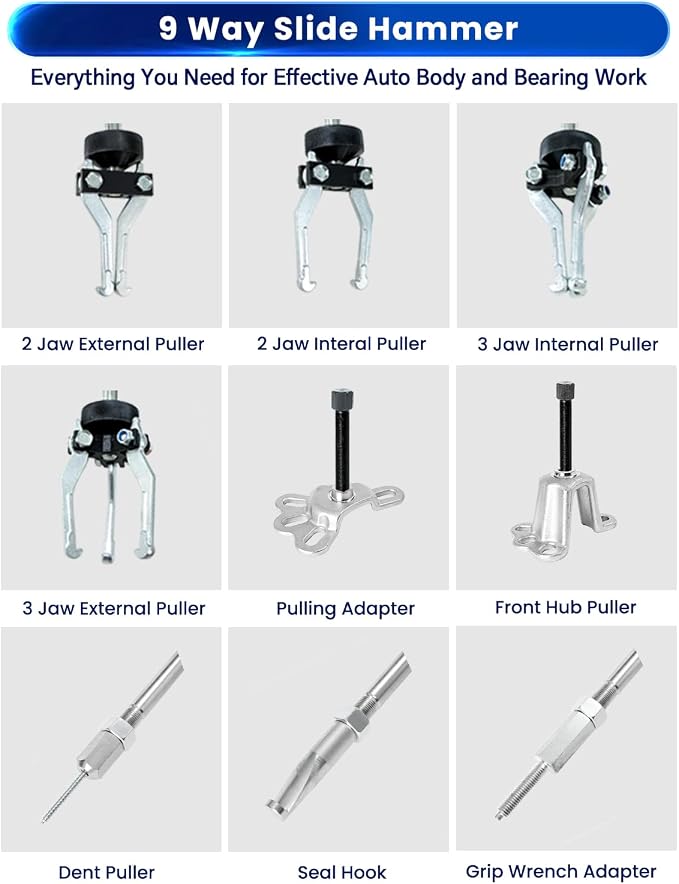ATPEAM 9-Way Slide Hammer Puller Set | Front Wheel Hub Bearing Remover & Rear Wheel Axle Hub Dent Shaft Puller Tool Kit
