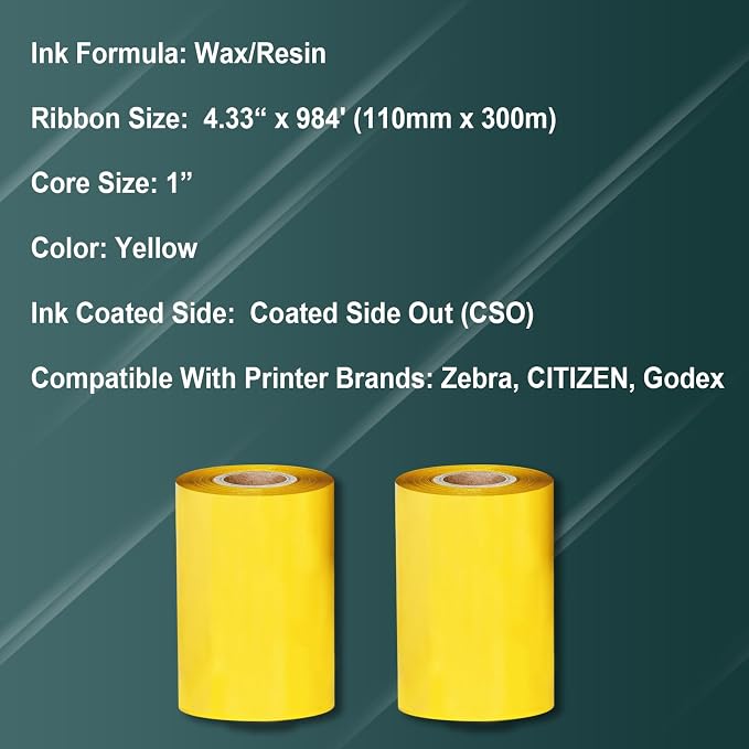 2 Rolls 4.33" x 984'(110mm x 300m) Yellow, Wax/Resin Thermal Transfer Ribbon, Core 1", Ink Outside, Barcode Ribbon Compatible with Zebra Printer