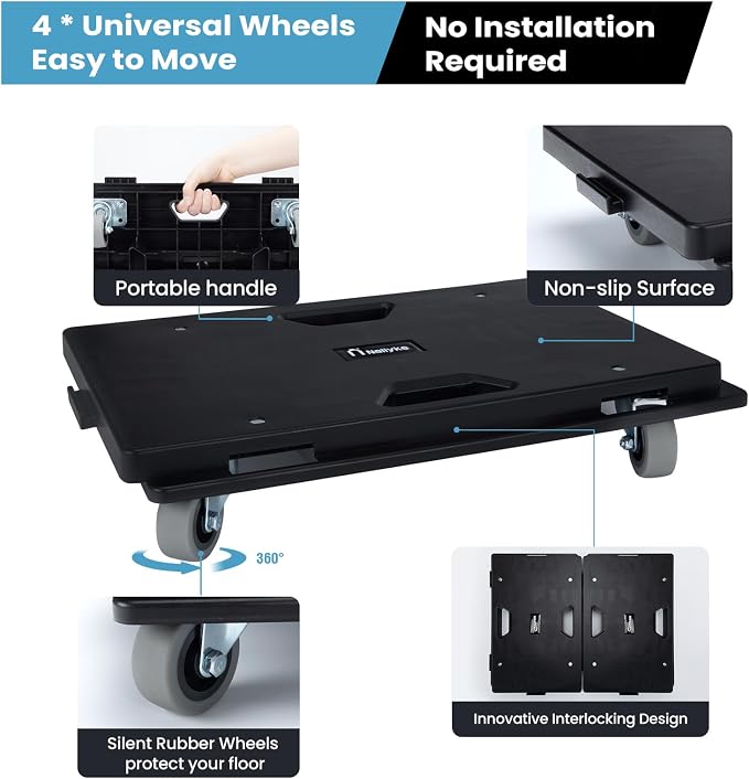 Nellyke Furniture Dolly, 2 Pack Dollies with Wheels,16'' X10'' Small Flat Dolly with 500LBS Large Capacity, Furniture Movers with Wheels Heavy Duty, Connectable and Portable, Black
