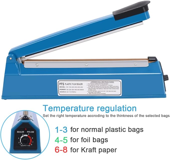 12 Inch Impulse Heat Sealer Machine, Cookie Bag Sealer for Plastic Mylar PE PP Bags and Kraft Paper Bags, Manual Poly Bag Hot Seal Sealing Machine with Extra Replace Element Grip