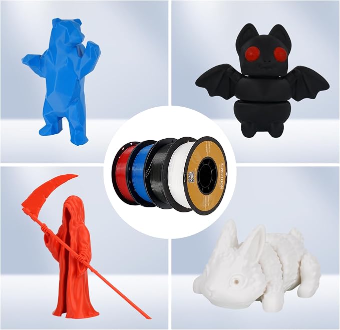 Kingroon PLA 3D Printer Filament, Dimensional Accuracy +/- 0.02 mm, 1 kg Spool(2.2lbs), 1.75 mm，4kG Black+White+Red+Blue