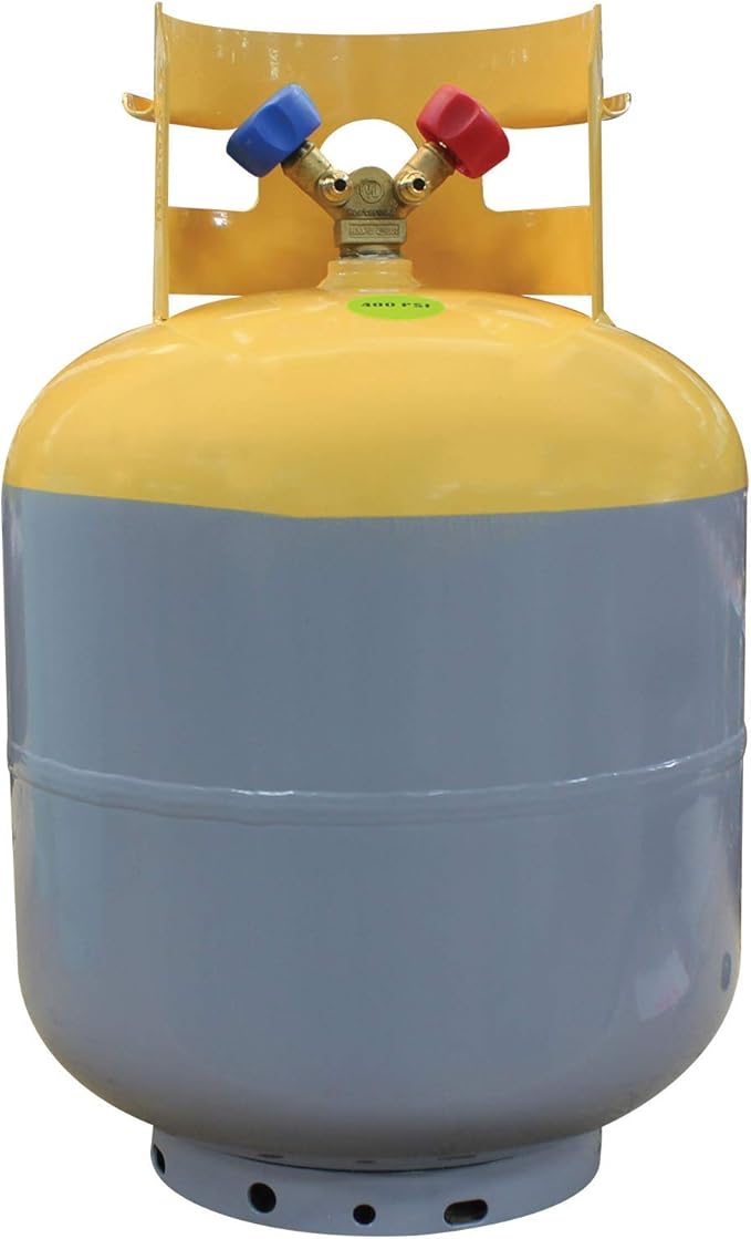 Mastercool 63010 50 lb Refrigerant Recovery Cylinder, DOT-Approved, 1/4" FL-M Connections, HP325/HP345 Steel, Yellow/Gray (No Refrigerant Included)