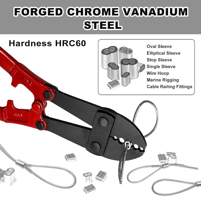 Wire Rope Crimping Pliers, 24" Hand Swager Crimper, Swaging Tool 5 Cavity 1/16" 3/32" 1/8" 5/32" 3/16", Crimping Tools for Copper and Aluminum Oval Sleeves and Stop Sleeves