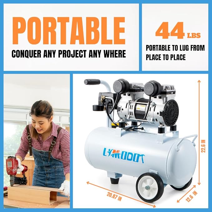 Quiet Oil-Free Air Compressor, 68 dB, 2.8 CFM @ 90 PSI, 8 Gallon Air Tank | Steel Tank Compressor for Woodworking, Nailing, Garage Use, Car Inflation and Pneumatic Tools, Includes Air Hose Kit