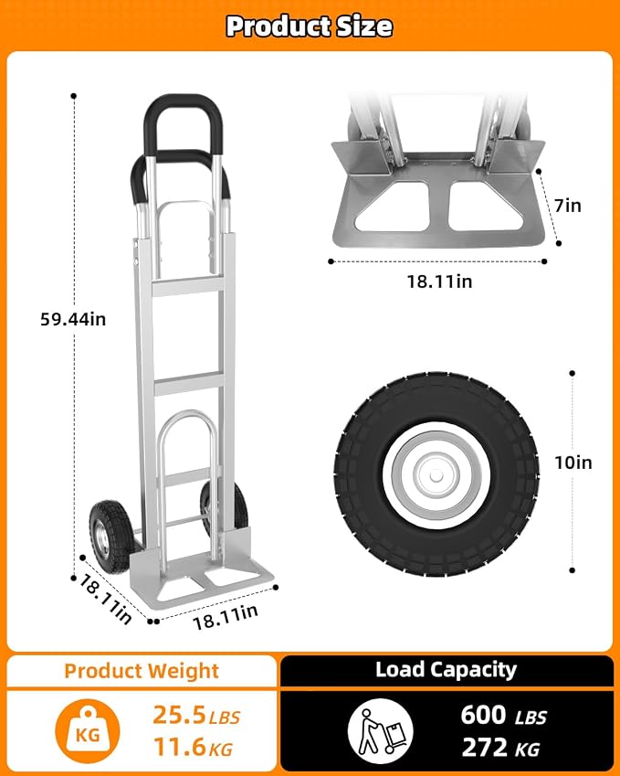 2 in 1 Hand Truck, 600 Lbs Capacity, Dolly Cart with Wheels 10" All-Terrain Tires, Heavy Duty Alloy Steel Dolly with Dual Handles, 2 Bungee Cord for Warehouse, Home, Office, Dormitory, Silver