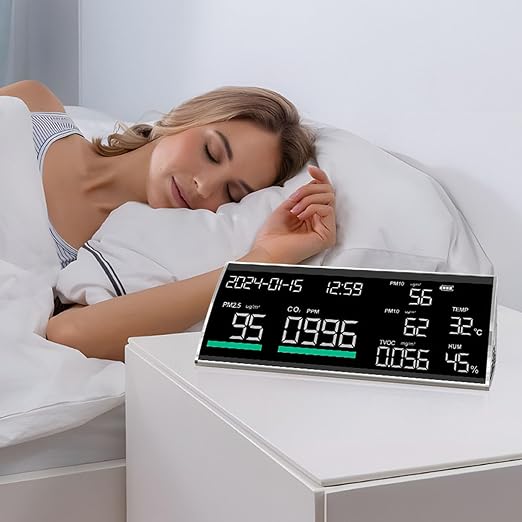 Air Quality Tester, Indoor Air Quality Monitor, Intuitive & Clear Display, PM2.5 PM1.0 PM10 Temperature Humidity CO2 TVOC Time Date Display for Home Hotel School