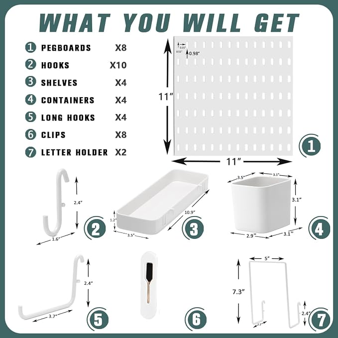 MULSAME Pegboard Combination Kit, Wall Mounted Storage Set with 8 Pegboards & 28 Accessories Hanging, Peg Boards Organizer for Walls Display, Crafts Organization, Kitchen Organizer, 22" x 44" White