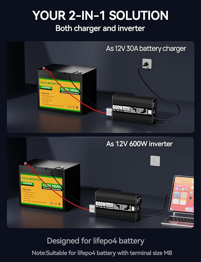 ECO-WORTHY 600W Inverter Charger, 600W Pure Sine Wave Inverter & 30A LiFePO4 Battery Charger with 20ms UPS, DC 12V to AC 110V, Output Surge 1200W, for RV Lithium Batteries Roadtrip Essentials