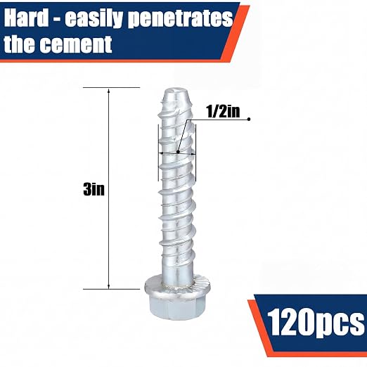 Tandefio 120 Pack 1/2" x 3" Galvanized Concrete Screws Big Diameter Anchors Concrete Screw Anchor Bolts Masonry Screw for Anchoring to Masonry Brick or Block