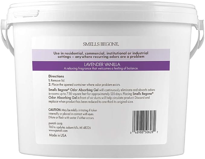 SMELLS BEGONE 1-Gallon Gel Odor Eliminator – High-Capacity, Long-Lasting Absorber for Large Basements, Garages, Workshops & Commercial Areas – Remove Tough Odors with Essential Oils (Lavender Vanilla)
