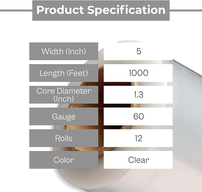PSBM Mini Plastic Stretch Wrap Film with Handles 5"x1000' 60 Gauge 12 Rolls | Extended Core Handles, Heavy Duty Upto 500% Strength Plastic Shrink Film for Moving, Packing, Shipping & Industrial Packaging