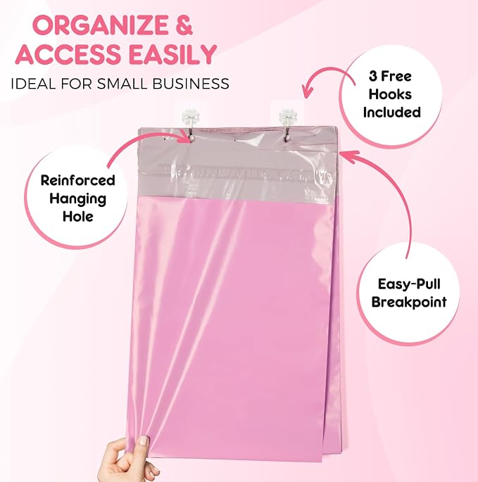 Fuxury Poly Mailers 12x15.5" 300PC Pink Shipping Bags for Clothing with Easy-Open Tear Strip & Easy-Store Hanging Holes, Strong Self-Seal Waterproof Shipping Envelopes Mailing Bags for Small Business