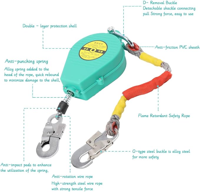 Self Retracting Lifeline 23ft 330lbs Fall Arrester Lanyard Protect Safety Harness Fall Protection with Alloy Steel Hook Steel Wire Rope