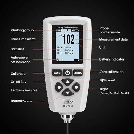 EC-770SE Professional Coating Thickness Gauge with External Probe, Digital Paint Thickness Meter, Auto-Detect Fe/NFe, 0–2000μm Measuring Range,2000 Reading Memory, USB Data Export