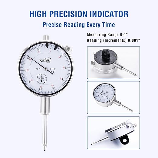 KATSU Tools Dial Indicator with Magnetic Base 0-1.0" Tester Gauge 0.001" Precision, Fine Adjustment, Professional Measuring Toolkit in Storage Case 401112