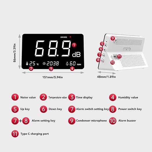 Sound Level Meter, 30-130db 4 in 1 Noise Decibel Meter, Large Time Display Temperature and Humidity Meter with Alarm for Classrooms Studios Hospitals Factories