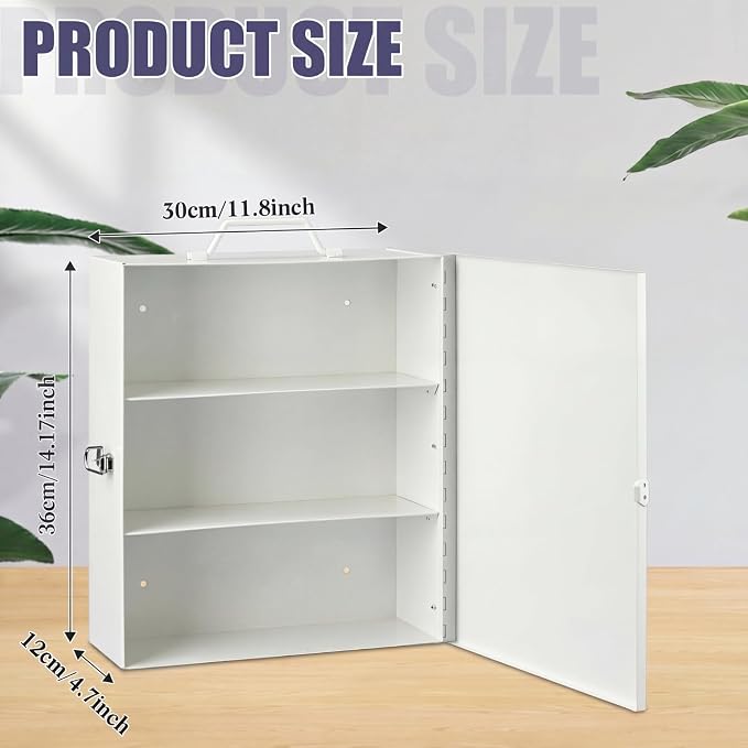 Timgle 1 Pcs First Aid Kit with Lock 3 Shelf Wall Mount Medicine Cabinet with Key Lock Handle Locking Medical Cabinet Lightweight Medium Wall Organizer Steel Storage Box for Business Worksite (White)