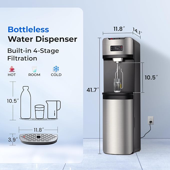 iSpring Bottleless Water Dispenser with Built-in 4-Stage Filtration, Chloramine Removal, Water Cooler Dispenser - Hot, Cold, Room Temp, Self Cleaning, Stainless Steel, Silver, Model: DS4S-NC