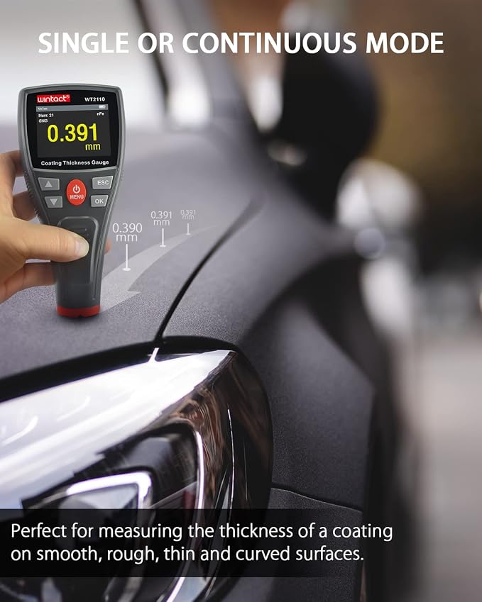 Wintact Digital Paint Coating Thickness Gauge Meter 0~1500um, 1500 Readings Storage, 360°Screen Rotation, Backlit Color Display, Chargeable, Auto-Off, Rechargeable for Cars, Industrial